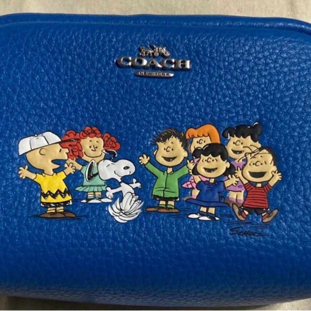 Coach X Peanuts leather Mini Boxy cosmetic case pebble blue